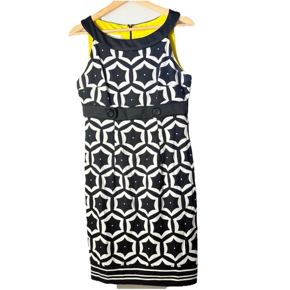 London Times Dress Women Size 8 White Black Print Sleeveless Sheath Geo Career